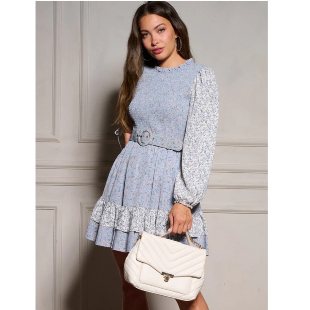 Smocked Waist Floral Long Sleeve Mini Dress — Light Blue
